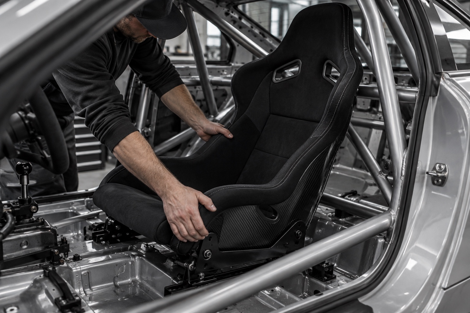 Race-car project with exposed components and roll cage