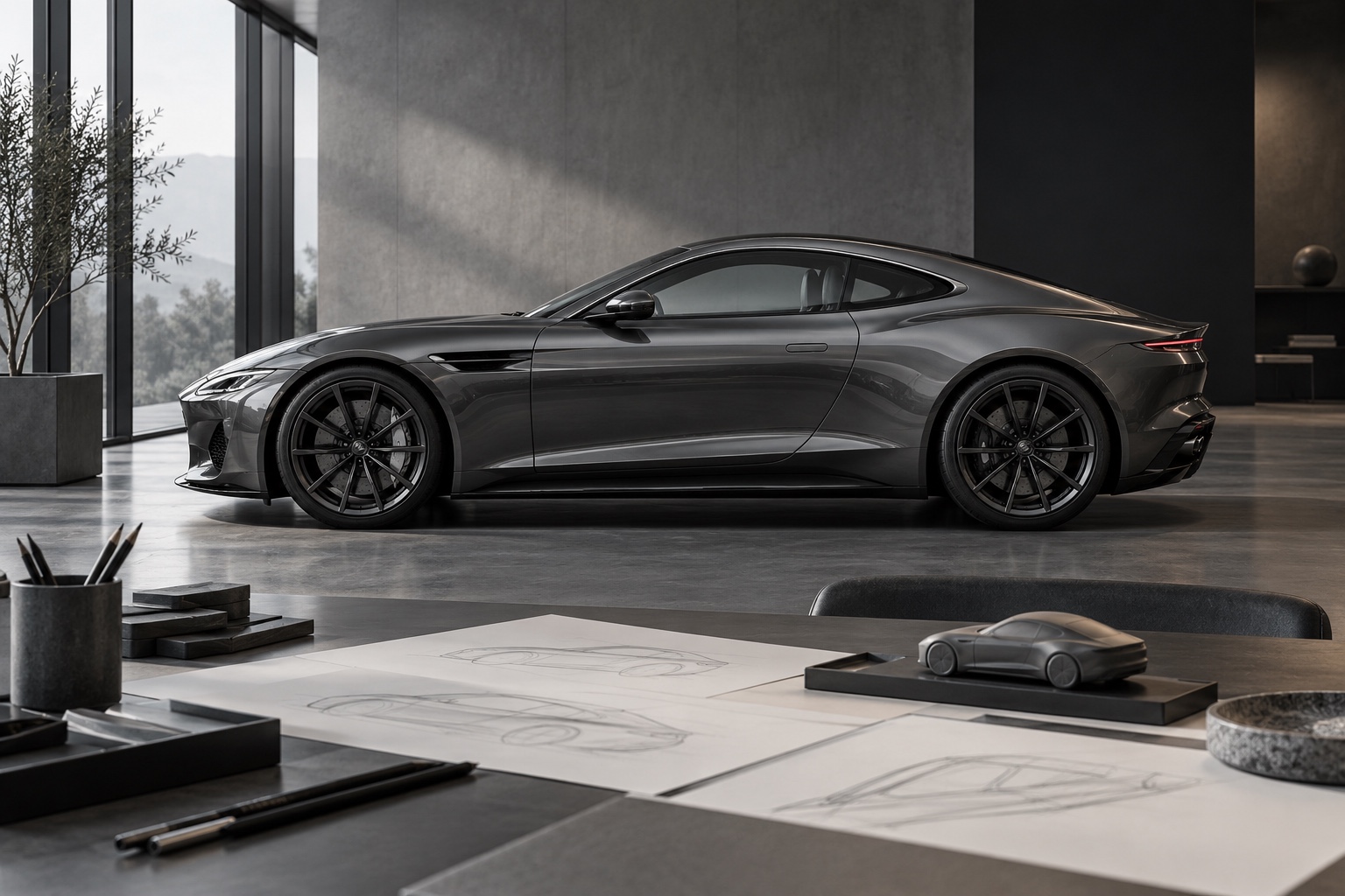 Sports coupe and scale model in a design studio