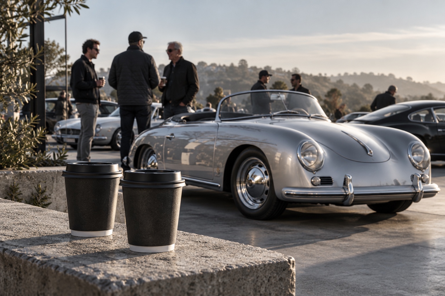 Friends and cars gathered outside a cafe at sunrise