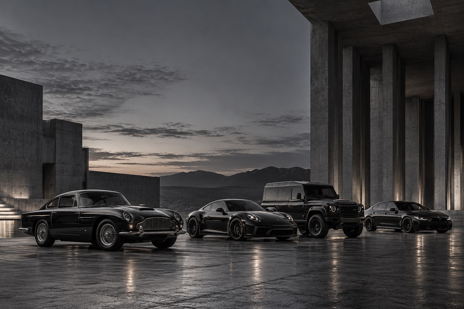 Classic and contemporary cars displayed together in an architectural courtyard