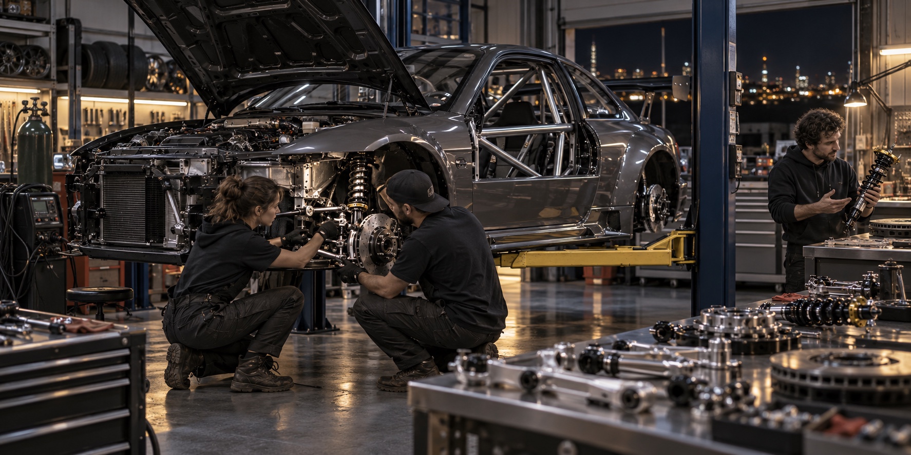 Enthusiasts collaborating on a race-car build in a workshop