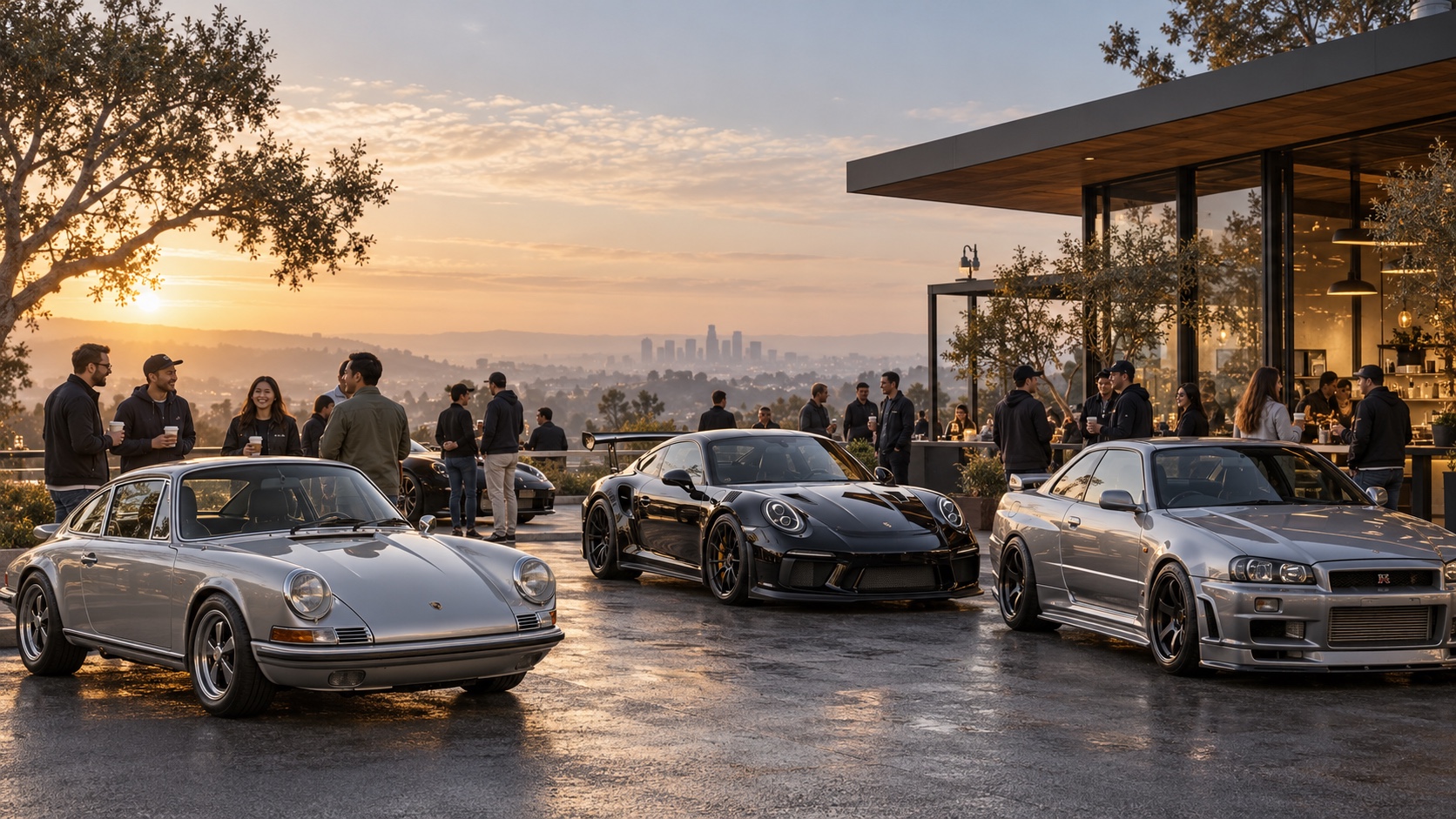 Car enthusiasts sharing a morning around classic and modern cars