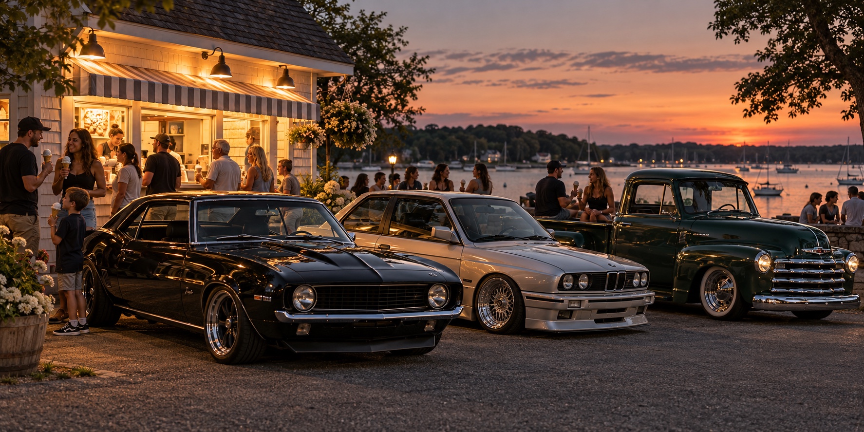 Classic and modern cars with friends gathering for ice cream at dusk