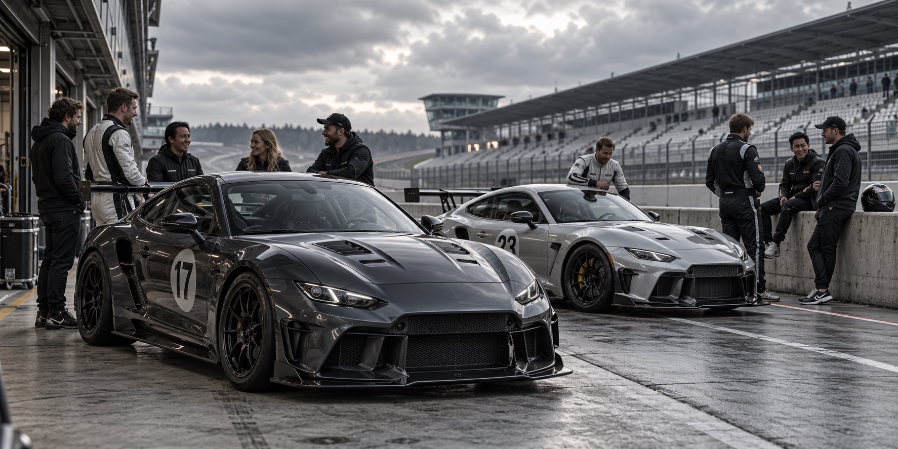 Drivers and enthusiasts together in a racing paddock