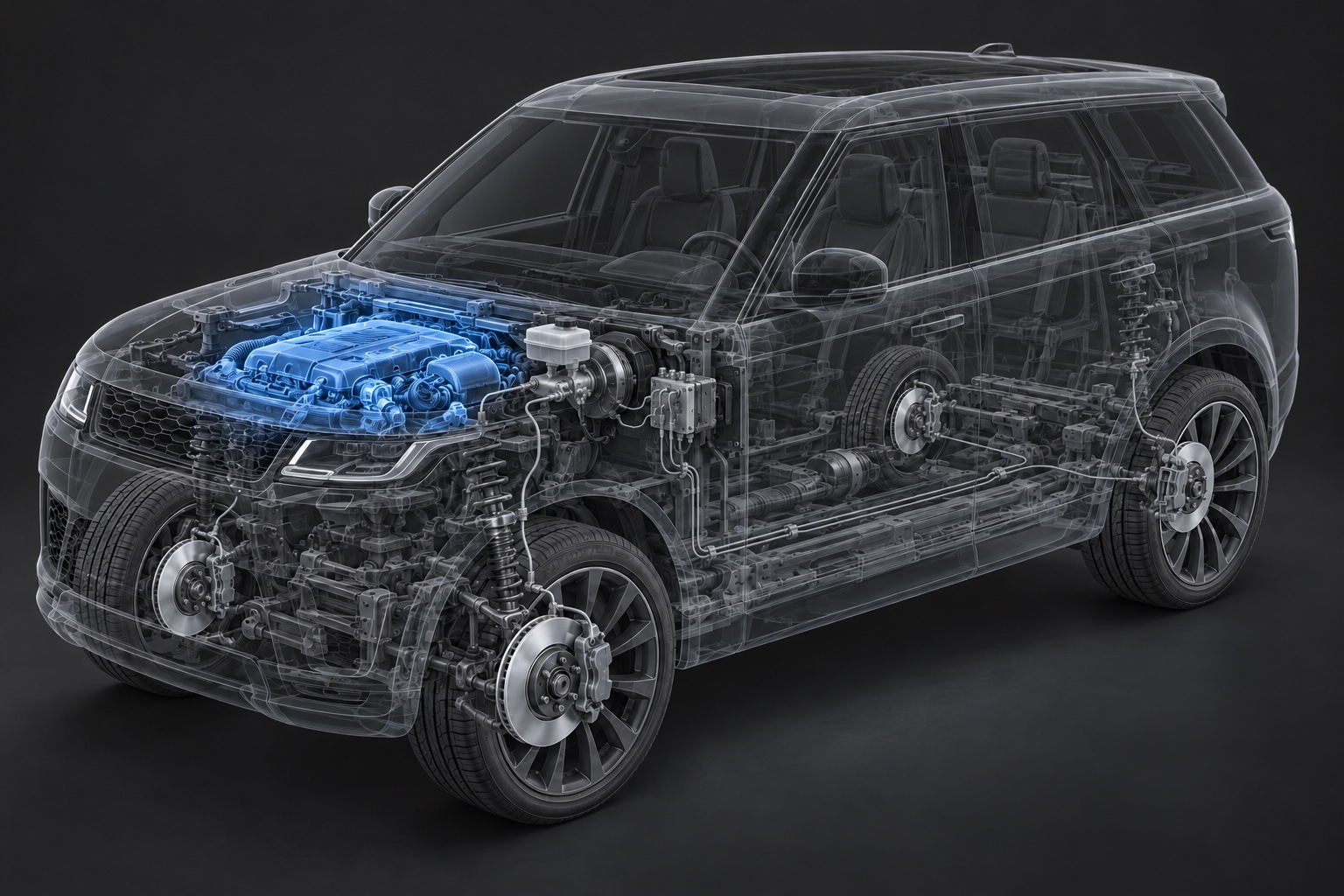 SUV X-ray with its engine highlighted in blue