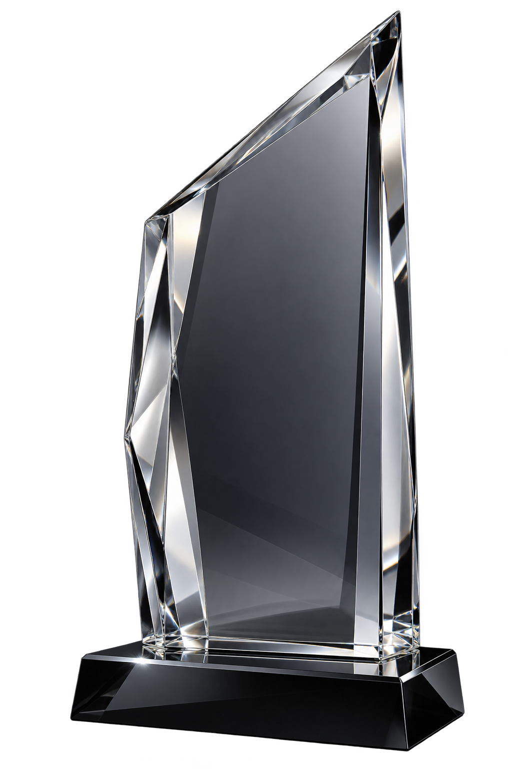 Sculptural clear and smoked glass award with a dark polished base